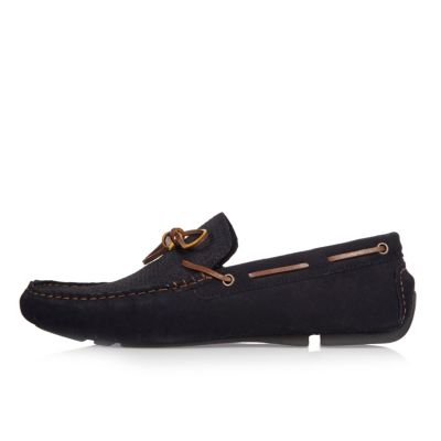 Navy suede woven driver shoes